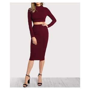 Burgundy Red Ribbed Crop Top Midi Skirt Set